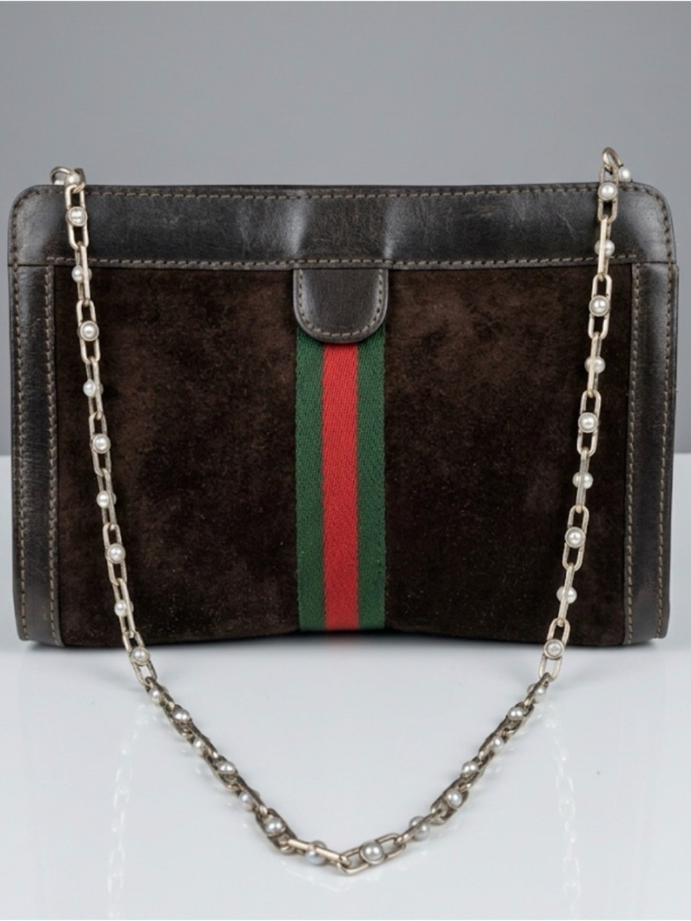 Gucci Brown Suede Clutch Red Green Webbing Cosmetic Toiletry Vtg MINT Authentic